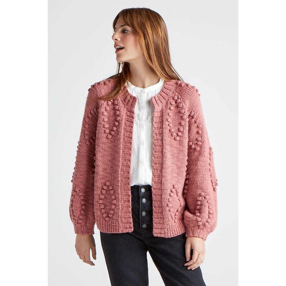 Lucky Brand Bobble Pink Cardigan Sweater Balloon Sleeve Size XS Cottagecore Boho